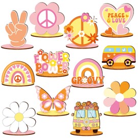 RattanView 12 Pcs Groovy Party Decorations Bohemian Wooden Centerpieces for Tables Retro Hippie Party Decor Two Groovy Decorations Rainbow Daisy Boho Table Topper for 60s 70s Birthday Baby Shower