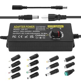 Towisituati 120W Fuente de alimentación Universal Ajustable Adaptador AC/DC de conmutación Variable DC 3 V~24 V Convertidor de 100~240V AC a DC 24V 3A con 14 Puntas y convertidor de polaridad-5A máx