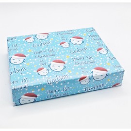 2 Sheets Cute Faces Happy 1st Christmas As My Godson Wrapping paper First Christmas Blue Family Relation Giftwrap (PA)