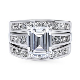 BERRICLE Sterling Silver Solitaire Wedding Engagement Rings 3.8 Carat Emerald Cut Cubic Zirconia CZ Statement Ring Set for Women, Rhodium Plated Size 6.5
