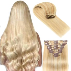Human Hair Clip in Extensions Dark Blonde Highlighted Bleach Blonde Clip ins 100% Brazilian Remy Real Human Hair Extension for Women 8pcs Per Set with 18 Clips No Tangel (20 Inch #P18/613)