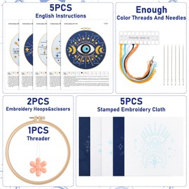5 Pcs Evil Eye Embroidery Starters Set for Beginners Stamped Cross Stitching Kits for Adults, 5 Embroidery Cloth with Patterns, Hoop, Needles, Threads, Manual Embroidery Kit