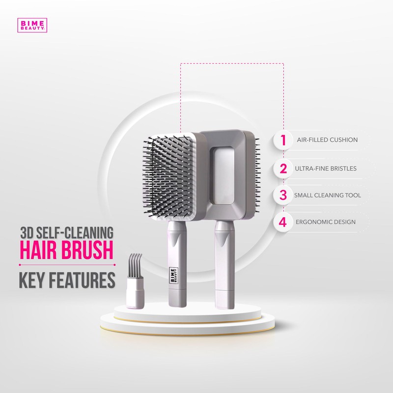 Bime Beauty 3D Self Cleaning Deluxe Rectangular Brush | Detangling