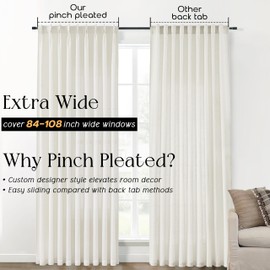 SHINELAND 60 Inch Extra Wide Curtains,2 Panels Set Linen Pinch Pleated Sheer Curtains for Living Room Bedroom 60x96 Inches Long,Cream