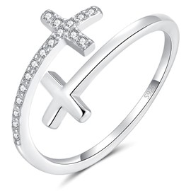 Bfuebur 925 Sterling Silver Rings Cubic Zircon Adjustable Open Rings Silver Wedding Bands for Women Double Cross Promise Ring Wedding Ring with Gift Box