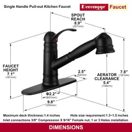 Derengge Matte Black Kitchen Faucet,Single Handle Pull Out Kitchen Faucet with Deck Plate,1 Hole or 3 Hole Installation,KF-8125C-MT