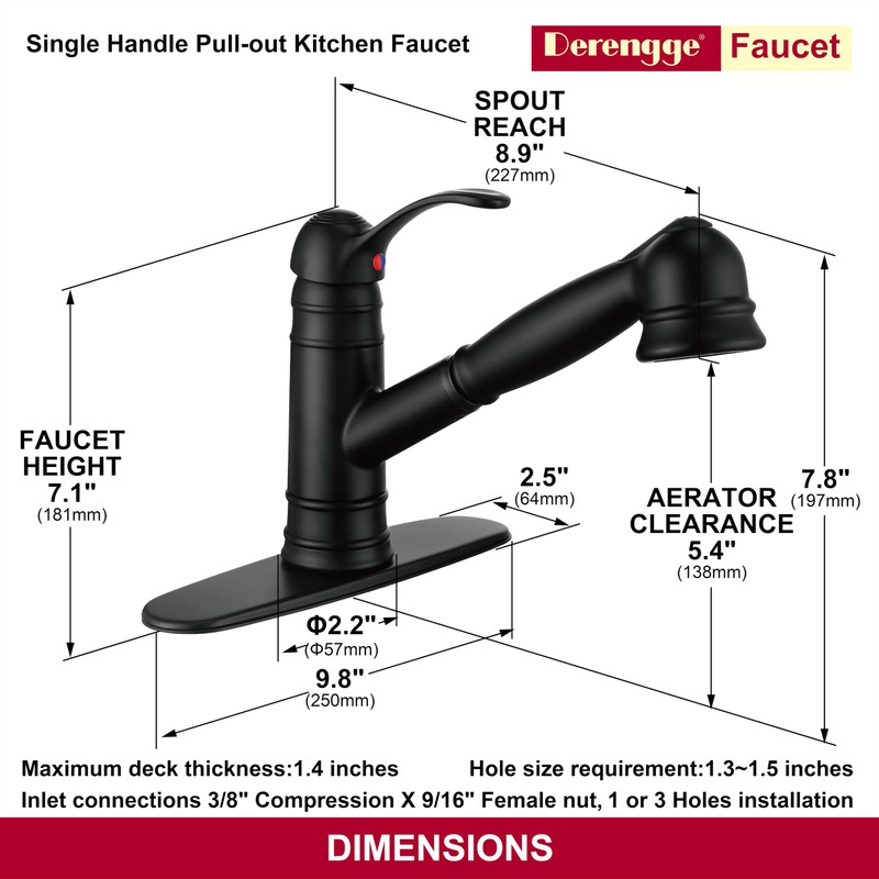 Derengge Matte Black Kitchen Faucet,Single Handle Pull Out Kitchen Faucet