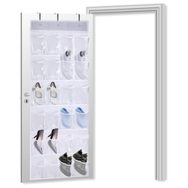JINGIHE Over the Door Shoe Hanging Storage Organiser, Shoes Racks Holder with 3 Hooks, 24 Large Clear PVC Pockets Storage Hanger for Bedroom Bathroom Wardrobe Closet (150cm×45cm, Black)