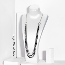 FULU AUTUMN Crystal Long Layered Necklaces for Women Silver Beaded Statement Necklace Strands Costume Jewellery Mothers Day Gifts for Her(Black)