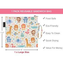 Reusable Sandwich Bag/Snack Bag for Kids & Adults, Dual Layer Lunch Bag with Handle, Washable, Food Safe, BPA Free (1-Pack, Zoo)