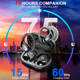 Wireless Earbud, 75Hrs Bluetooth 5.4 Headphones IP7 Waterproof for Sport, Running Wireless Earphones with ENC Noise Cancelling Mics, Deep Bass Over Ear bud with Earhooks for Android, iOS, Workout, Gym