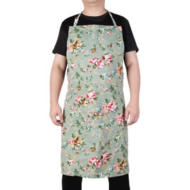 LOLOMLO Oversize Canvas Cotton Apron, Extra Large Aprons with Long Strap, Adjustable Neck Tear Resistant Plus Size aprons, Roses on Green Canvas