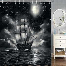 Emwnodti Nautical Sailboat Shower Curtain, Coastal Ocean Theme Black Starry Sky Moon Bathroom Accessory Set, Polyester Fabric Waterproof Bath Curtain 72x72 Inch with 12 Hooks