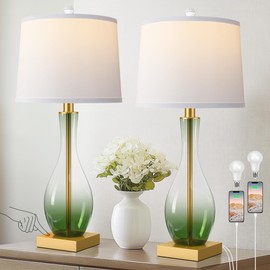 3-Way Dimmable Modern Glass table lamp for Living Room, Green Table Lamps Set of 2 with Touch Control, USB C and A Charging Ports, 27" Bedside Desk Lamps for Nightstand Decorations(LED Bulbs Included)