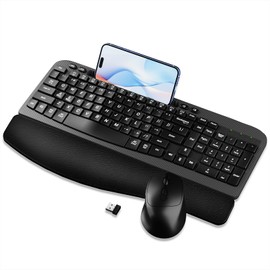 Wireless Keyboard and Mouse Combo, Wave Keys Computer Ergonomic Keyboard with Cushioned Plam Rest, Phone Holder, 2.4GHz Silent 6 Button Wireless Mouse Set for Laptop, PC, Windows, Mac (Black)