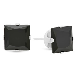Square Cut Simulated Black Onyx 7mm CZ Sterling Silver Italian Crafted Stud Earrings + Cleaning Cloth