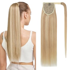 Benehair Ponytail Extension, 100% Real Hair Braid Extensions, Real Hair, Wrap Around Ponytail for Women, Blonde Highlights Bleach Blonde Ponytail Real Hair Hair Extensions, 45 cm, 90 g, #18P613