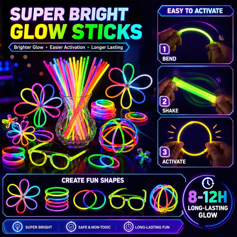 SilverChry 233 pezzi Fluo Party Kit, 100 Braccialetti Luminosi Fluorescenti,