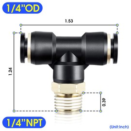 TAILONZ PNEUMATIC Male Branch Tee 1/4 Inch Tube OD x 1/4 Inch NPT Thread Push to Connect Fittings PT-1/4-N2 (Pack of 10)