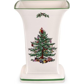 Spode Christmas Tree Square Vase, 8-Inch Festive Vase for Flowers & Holiday Decor - Fine Earthenware Centerpiece for Christmas Table, Mantle, Seasonal Floral Arrangements, Dishwasher Safe