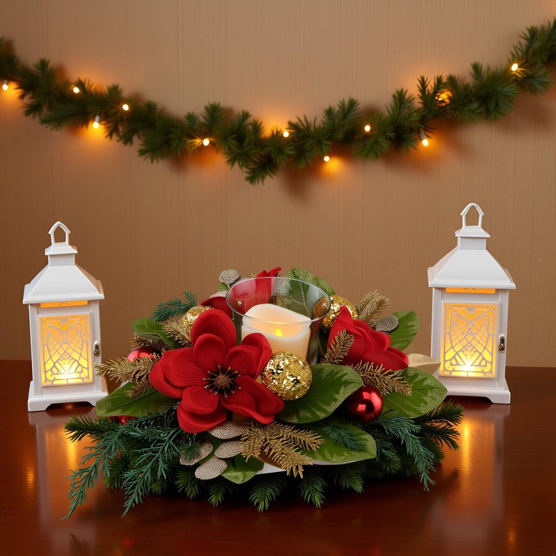YULETIME 18-in Centerpiece with Flameless LED Candle Holder, Red Magnolia