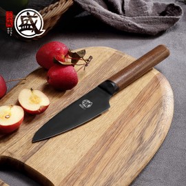 MITSUMOTO SAKARI 4.5 inch Japanese Paring Knife, Professional Black Titanium Coated Small Fruit Knife, Super-Sharp German Premium Alloy Steel Petty Chef Knife (Walnut Handle)