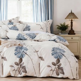 OIKETI Botanical Comforter Twin Size Set-100% Cotton Fabric, Brown Branches and Blue Flowers Off-White Bedding Set, Lightweight and Soft Comforter Set, 2 Pcs(1 Comforter and 1 Pillow Shams)