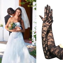 owiter 1 pair Lace Gloves Women Long Elegant Tea Party Gloves Engagement Dress Dance Cocktail Party Opera Mittens (black, 53cm long)