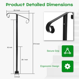 Single Post Handrail Handrail Railing Stair Handrail Sturdy Outdoor Handrails with Base Stair Handrail Fits for 1 or 2 Steps Grab Rail Single Post Railing (Black)
