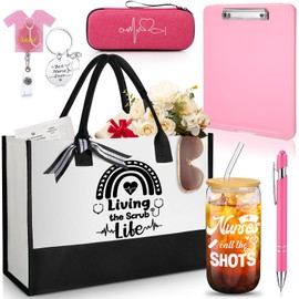 Teenyyou 7 Pcs Nurse Gift for Women Nursing Graduation Gift Set Include Nurse Tote Bag Stethoscope Case Ballpoint Pen Badge Reel Nurse Clipboard Glass Coffee Cup Keychain(Pink,Cute Style)