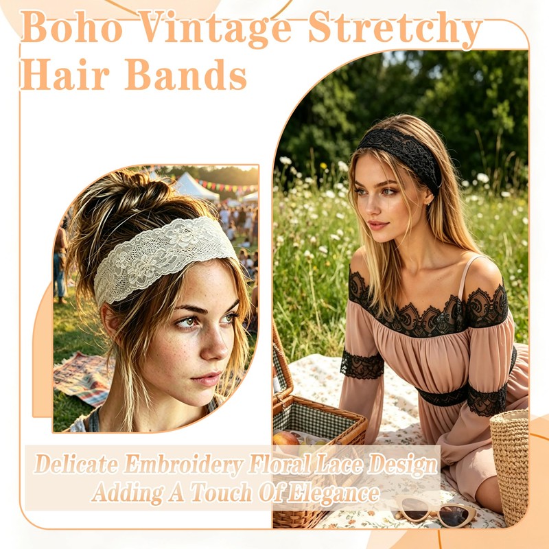 3 PCS Floral Lace Headbands Boho Vintage Stretchy Hair Bands