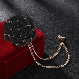 Vintage Rose Brooch Fashion Groom Wedding Brooch Fabric Handmade Flower Brooch Lapel Pin Badge Fringe Chain Men's Suit Accessories (Black)