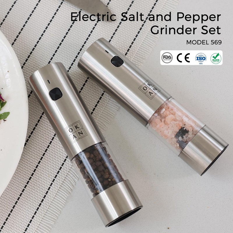OKAN USB-C Rechargeable Salt & Pepper Grinder Set – Dual-Head