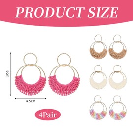 4 Pairs Women Earrings Boho Earrings Braided Earrings Beach Earrings Double Hoop Earrings Clothing Accessories, alloy, rattan