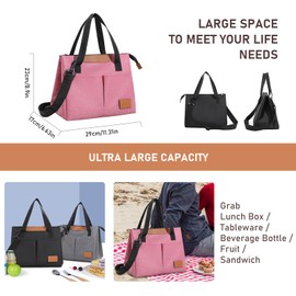 Lunch Bag Women Insulated Lunch Box Reusable Leakproof Large Spacious Cooler Tote for Women Men Adult with Removable Adhesive Decoration for Work Office Travel Picnic(RoseRed)