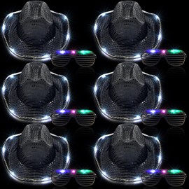 Maitys Light Cowgirl Hat and LED Glasses Glow Cowboy Hat Glasses Shutter for Women Men Birthday Party Costume Outfit Supplies(Black)