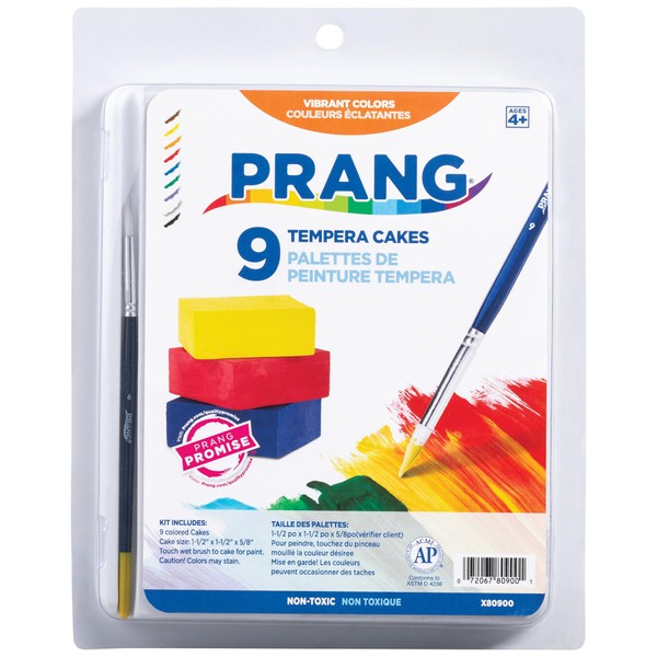 Prang Tempera Cake Set With Brush, 9 Assorted Colors, 1