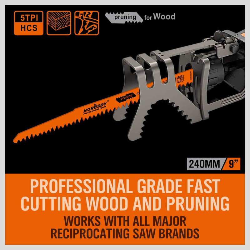 HORUSDY 9-Inch Wood Pruning Reciprocating Saw Blades, 5 Pack, 5TPI