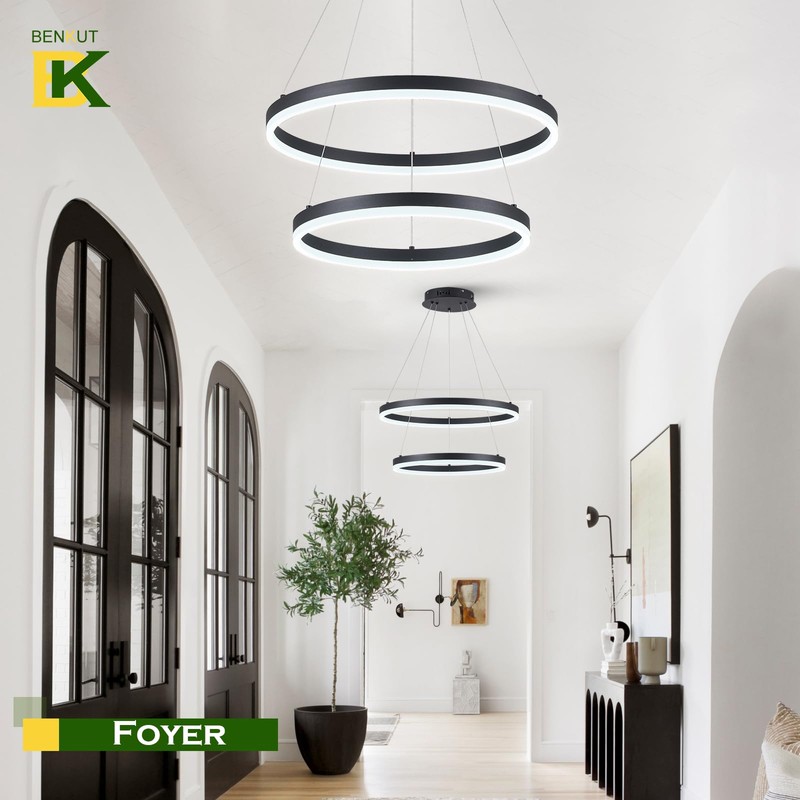 Benkut 2-Rings Modern LED Chandelier Black for Dining Room, Circular