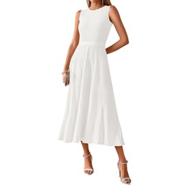 BTFBM Women's Midi Bodycon Tank Dress Summer Crewneck Rib Knit Sleeveless Pleated Swing A Line Business Casual Dresses(White, Small)