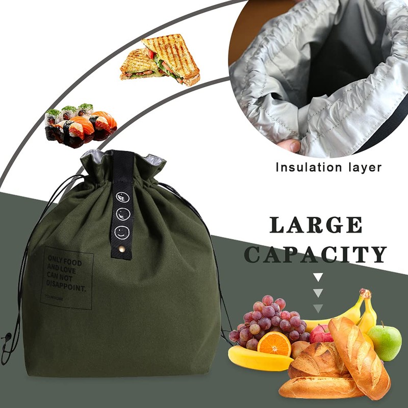 LELE LIFE Canvas Insulated Lunch Bag with Drawstring Closure, Wide-Open