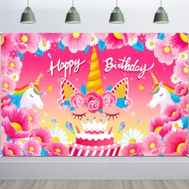 HOWAF Fabric Happy Birthday Banner for Girls Unicorn Birthday Party Decorations, Unicorn Birthday Background Decoration for Girls Birthday Backdrop Photography Wall Room Decoration, 6 x 3.6ft