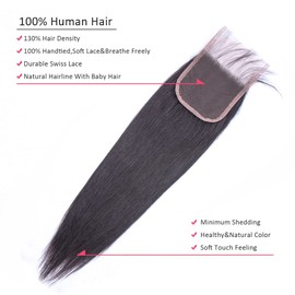 Lace Closure Straight Closure Human Hair Lace Closure Brazilian 12A Unprocessed Straight Hair 4x4 HD Lace Closure Free Part Natural Black Color(16") … …