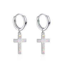 Women's Men's Sterling Silver Black Hoop Earrings Silver Cross Earrings and Stars Hoop Earrings for Women Girls Men Boys Women Teenager Girls Child, Sterling Silver, Opal