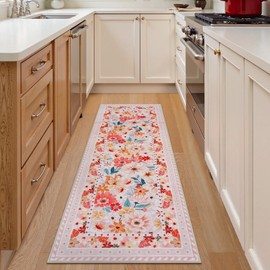 Nailttos Floral Washable Runner Rug, 2x6 Soft Non Slip Pink Rugs for Kitchen Floor,Stain Resistant Low Pile Entryway Rug Carpet Runners for Hallway Kitchen Laundry Bathroom Bedroom