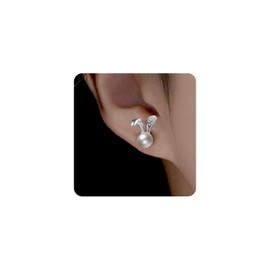 Cute Rabbit Pearl Stud Earrings, Sparkling Cubic Zirconia Flat Back Cartilage Piercing Earrings, Birthday Easter Jewelry Gifts for Women Teen Girls (Silver)