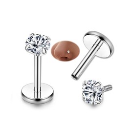FIBO STEEL 316L Stainless Steel 2Pcs 16G 3mm CZ Inlaid Lip Rings Labret Monroe Nose Studs Helix Earring Piercing, 6mm Bar Length