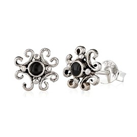 NKlaus Pair of Stud Earrings Celtic Flowers 925 Silver with Black Onyx Earrings 3032, Sterling Silver