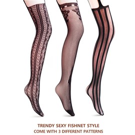 VERO MONTE 3 Pairs Suspender Fishnet Tights for Women Black Thigh High Stockings