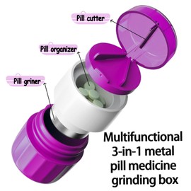 Pill Cutter Splitter for Small and Tiny Pills Vitamins Tablets, Built-in Storage Compartment, Pill Crusher Fine Powder with Stainless Steel Grinding Head,Pills Grinder with Pill Box Organizer (Purple)
